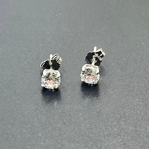 LM Signed 14k White Gold 4 Prong 5mm Round Stud Solitaire CZ Earrings - Picture 1 of 14